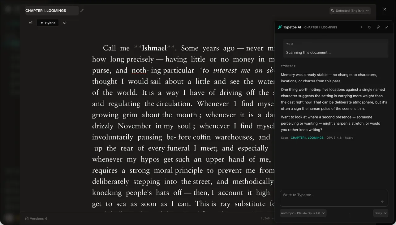 Typetoe reads your book and remembers it: characters, places, voice, rules.