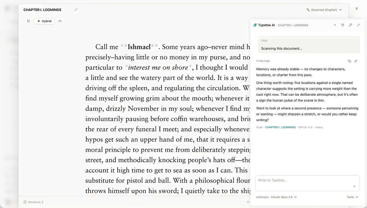 Typetoe reads your book and remembers it: characters, places, voice, rules.
